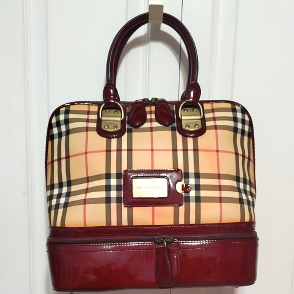 RARE Vintage Burberry Check Burgundy Patent Leather Trim Handle Bag - Picture 1 of 17